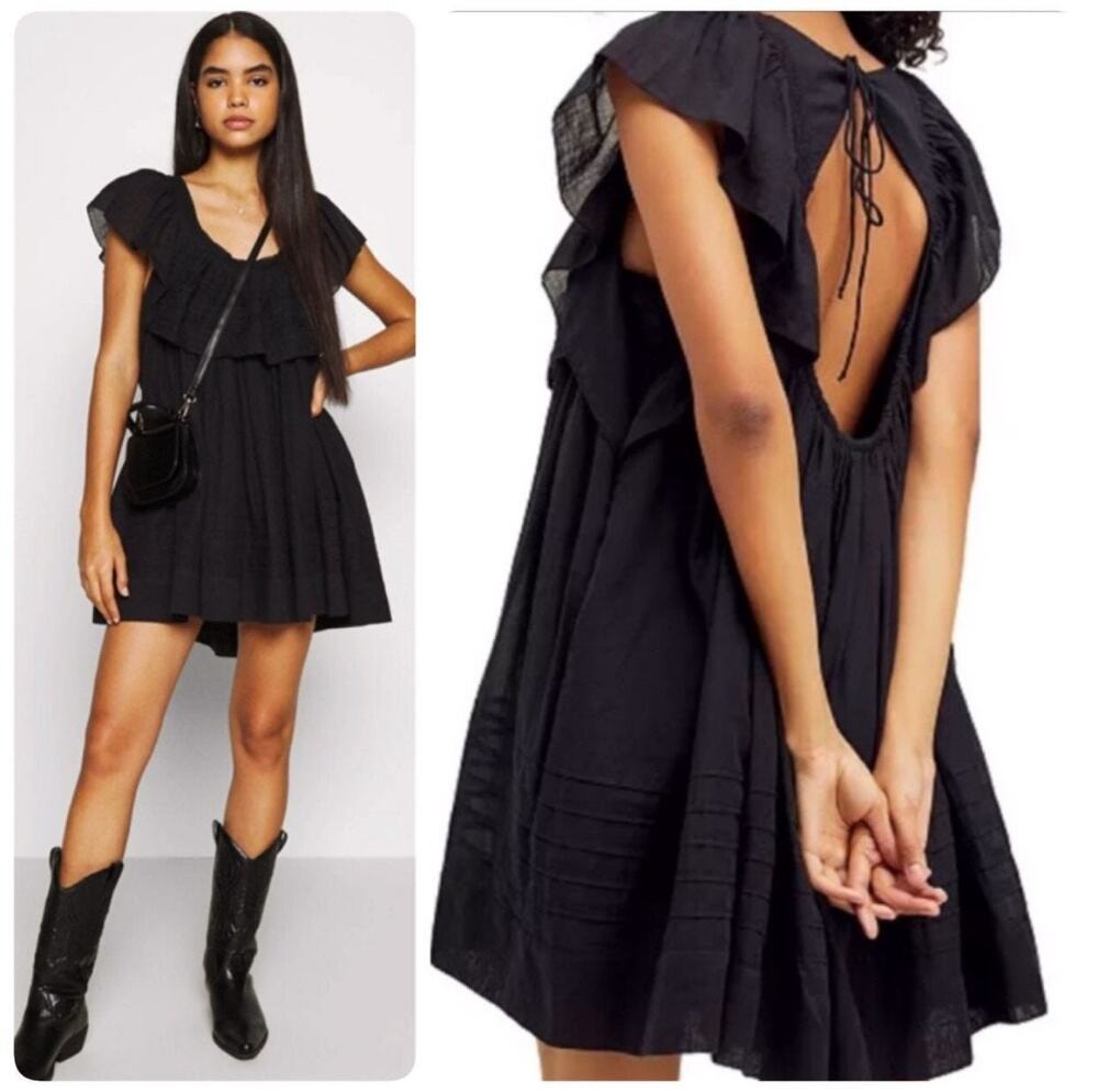 Free People Hailey Black Flowy Mini Babydoll Dress Size Small Boho Cottagecore